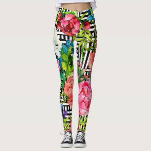 Leggings Flores de color de agua Patrón blanco geométrico n