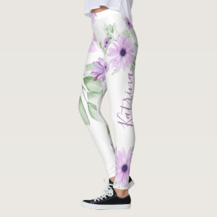 Leggings Flores de color de agua, verde violeta personaliza