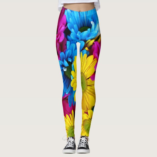Leggings Flores de colores, margaritas - rosa amarillo azul (Anverso)