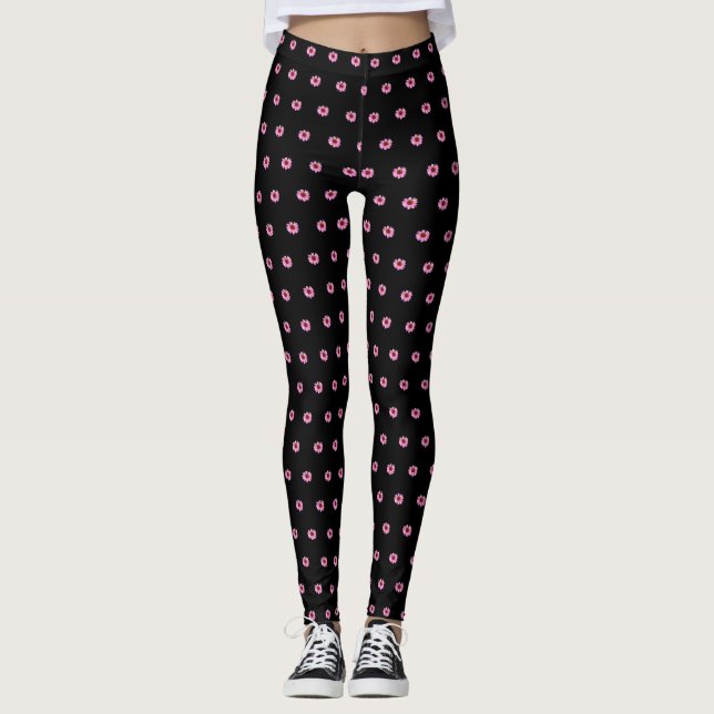 Leggings "Flores de cono rosado" en negro - (Anverso)