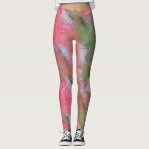 Leggings Flores de coral, hierba y peones rosados