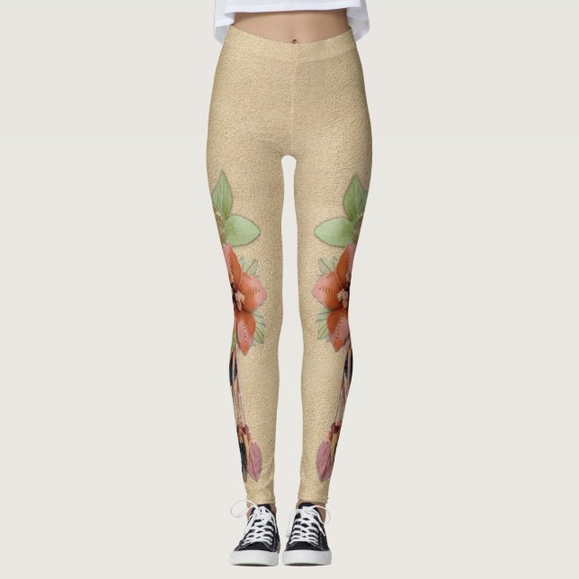 Leggings Flores de cuero en el Crema de Mantequilla Ante (Anverso)