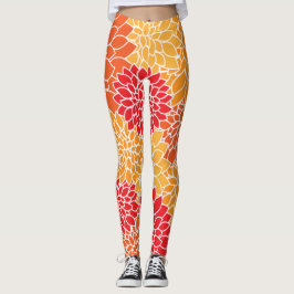 Leggings Flores De Dahlia, Patrón De Flores, Naranja Dahlia