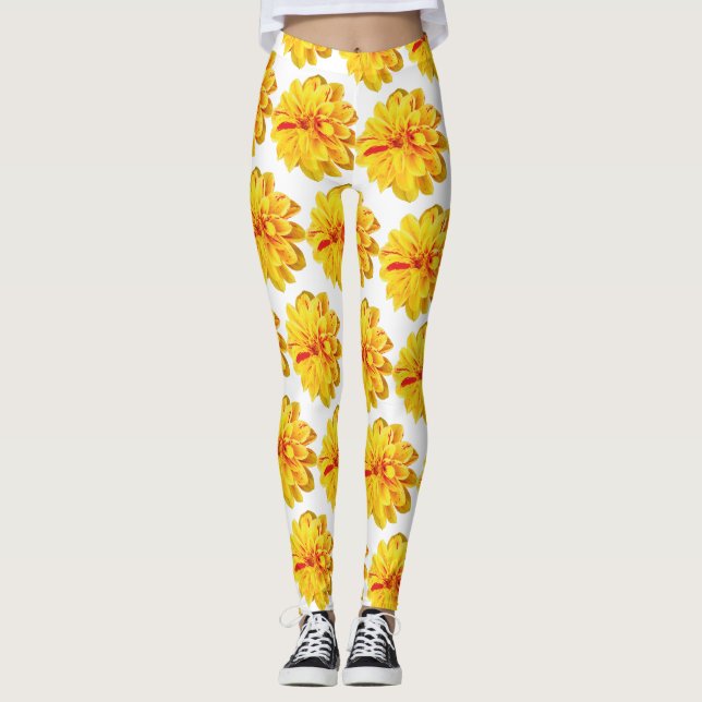 Leggings Flores de dalia amarillo giratorio sobre fondo bla (Anverso)