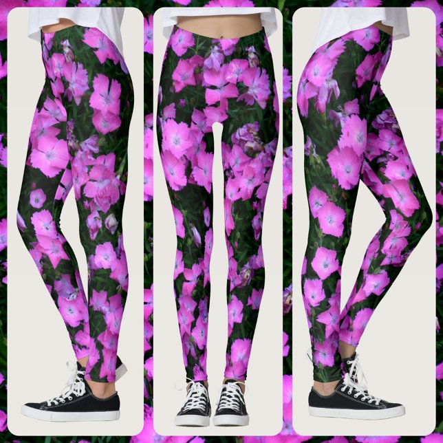 Leggings Flores de Dianthus rosa brillante y floral verde (Subido por el creador)