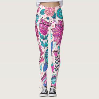 Leggings Flores de doodle botánico, sin costura, textura vi