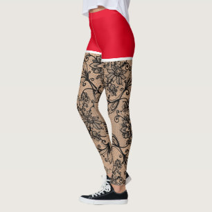 Leggings Flores de encaje negras falsas cortos rojos