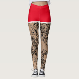 Leggings Flores de encaje negras falsas cortos rojos