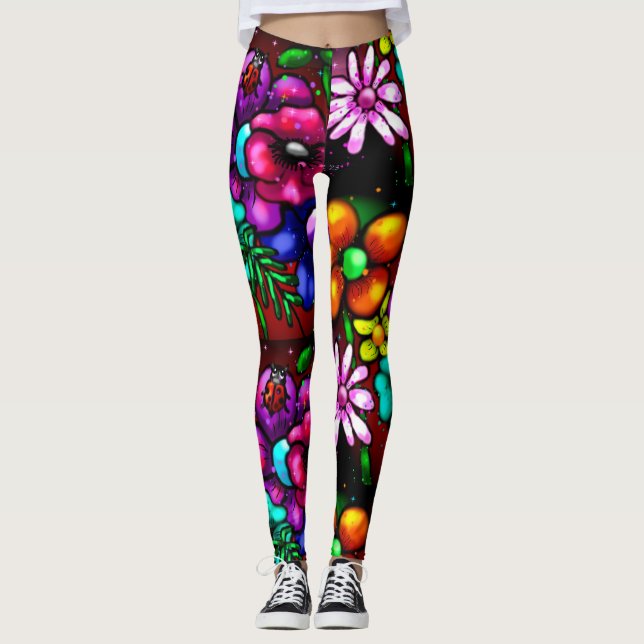 Leggings Flores de estilo graffiti y rojo morado rosado de  (Anverso)