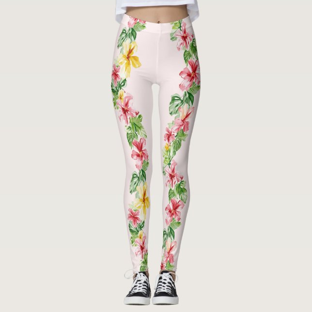 Leggings Flores de Hibisco Amarillo Rosa Tropical (Anverso)