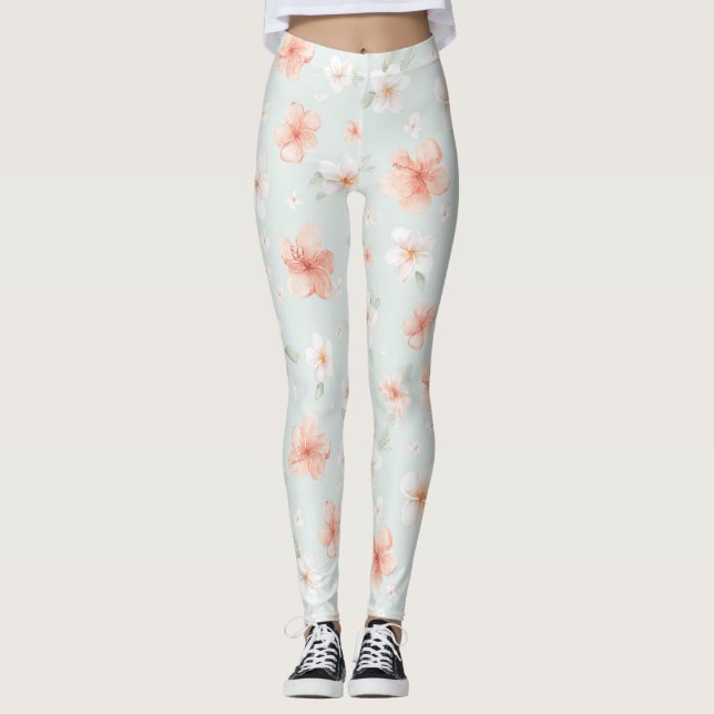 Leggings Flores de Hibisco Blancas Melocotón Tropical (Anverso)