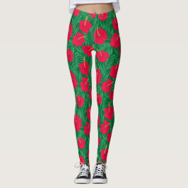 Leggings Flores de Hibisco Rojo en Hojas Tropicales Verdes