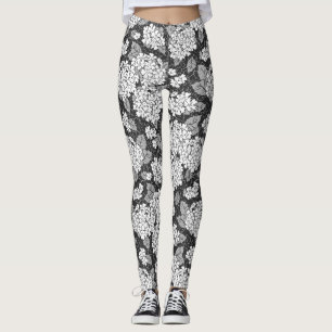 Leggings Flores de hidrangea. Patrón floral blanco y negro