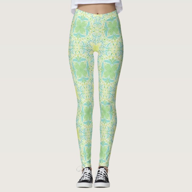 Leggings Flores de jardín retro en verde y amarillo (Anverso)