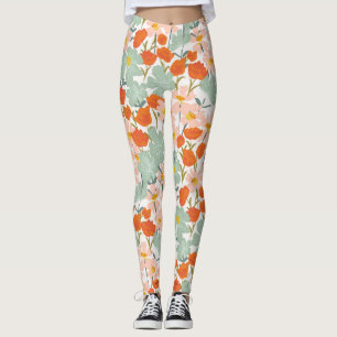 Leggings Flores de jardín: rosa, naranja sin costuras