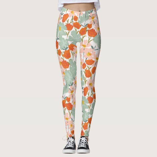 Leggings Flores de jardín: rosa, naranja sin costuras (Anverso)