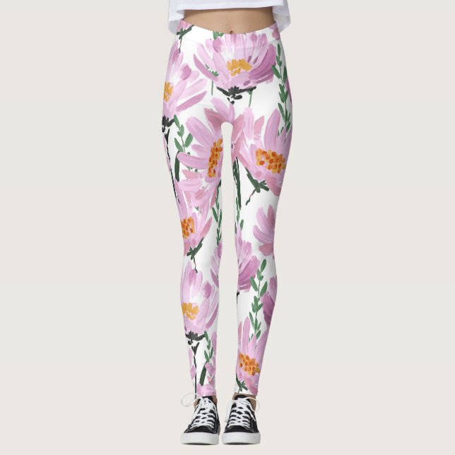 Leggings Flores De Jardín Rosado: Impresionadas A Mano. (Anverso)