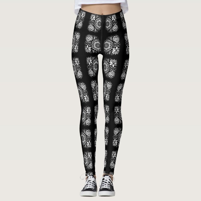Leggings Flores de Lotus y Mandalas en blanco y negro (Anverso)