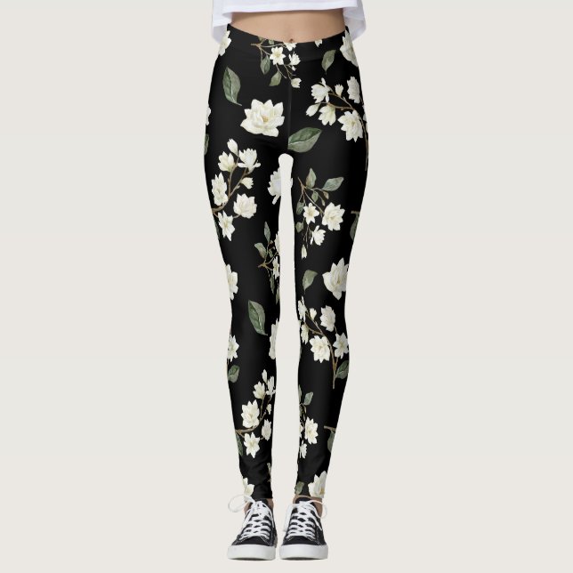 Leggings Flores de magnolia blanca sobre piernas negras (Anverso)
