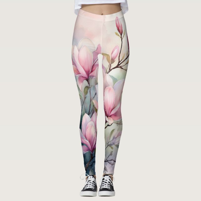 Leggings Flores de Magnolia Rosadas con Monograma Botánico (Anverso)