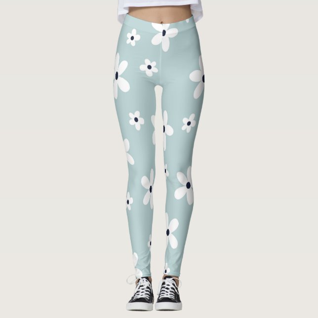 Leggings Flores de margarita blanca azul Boho de verano (Anverso)