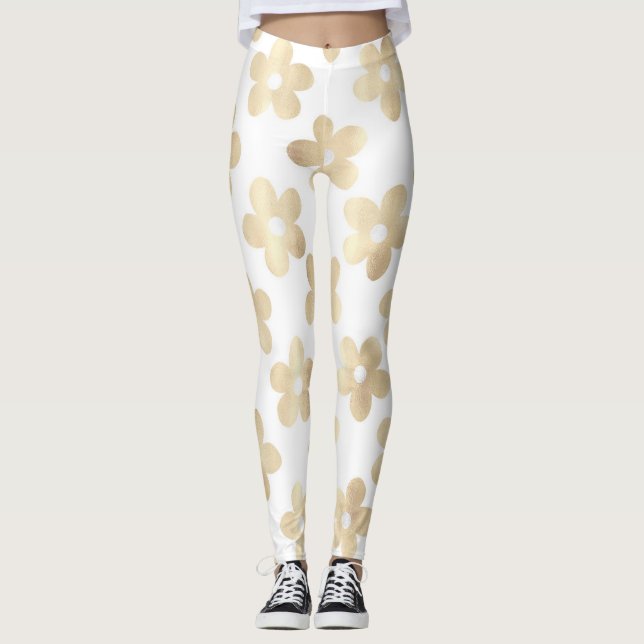 Leggings Flores de margarita de oro blanco retro (Anverso)