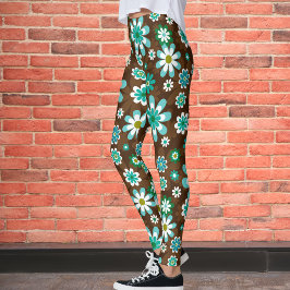 Leggings Flores de mod retro marrón y azul