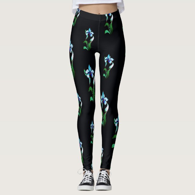 Leggings Flores de neón verde azul sobre negro (Anverso)