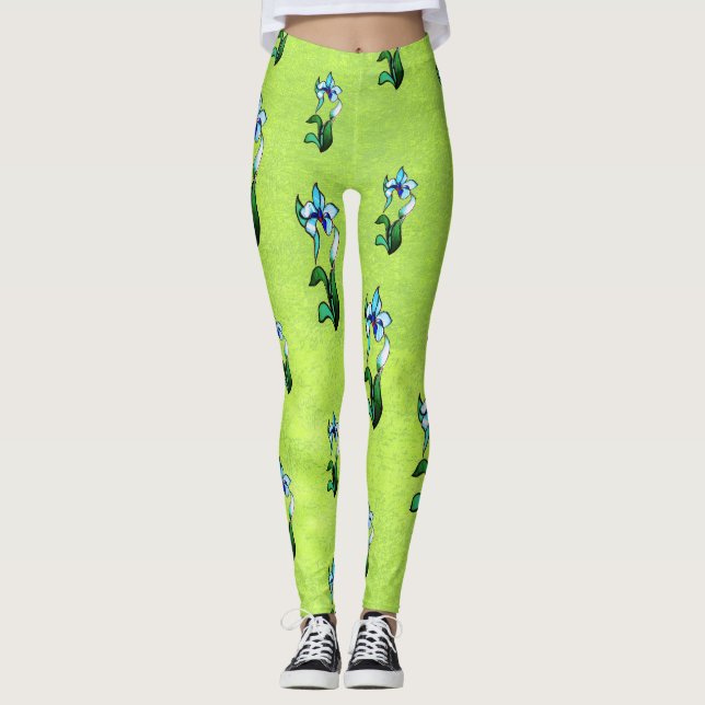 Leggings Flores de neón verde azul sobre verde abstracto (Anverso)