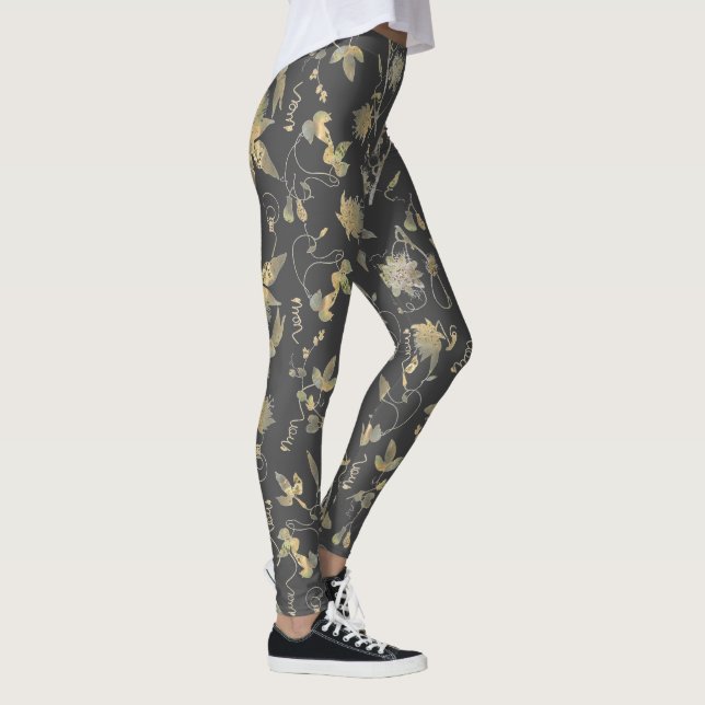 Leggings Flores de oro elegantes y modernas sobre gris oscu (Derecha)