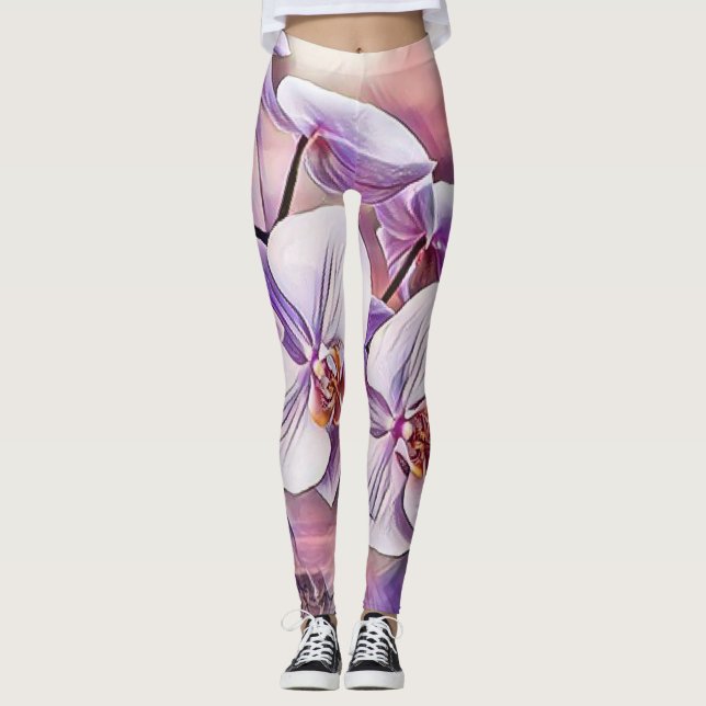 Leggings Flores de orquídea rosa morado lindo dibujando (Anverso)