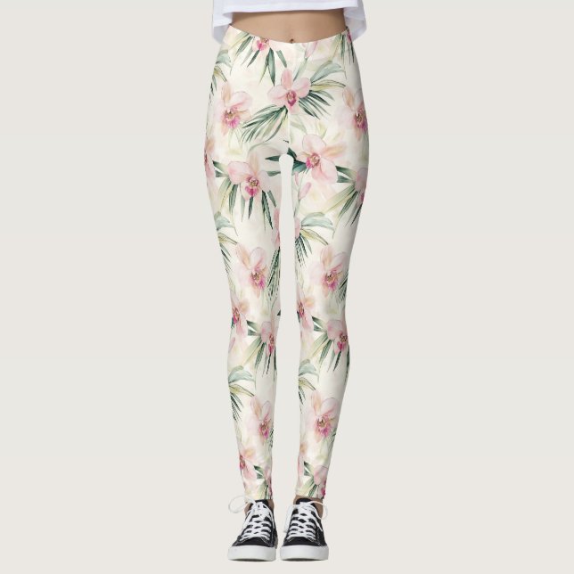 Leggings Flores de orquídeas tropicales rosadas de bonito (Anverso)