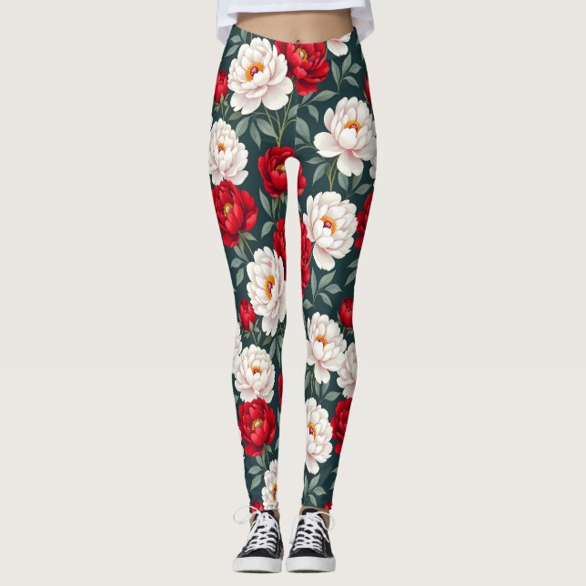 Leggings Flores de peonía rojas y blancas (Anverso)