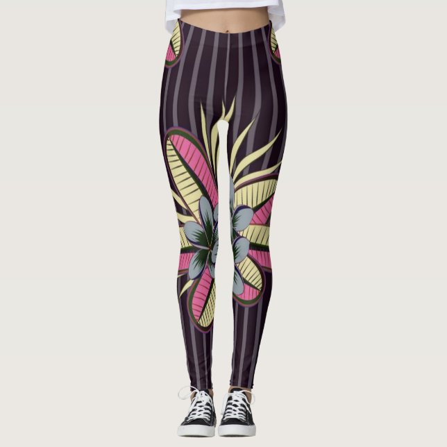 Leggings Flores De Plumeria Estilizadas Dejan Gris Violeta (Anverso)