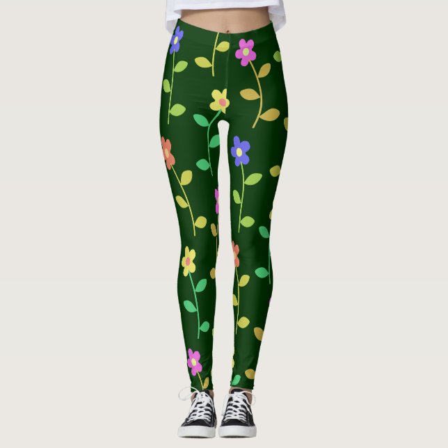 Leggings flores de primavera coloridas leggantas verdes (Anverso)