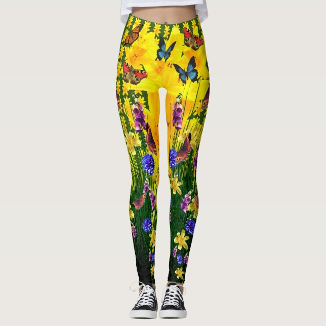 Leggings Flores de primavera de mariposas Artsy Green Fun (Anverso)