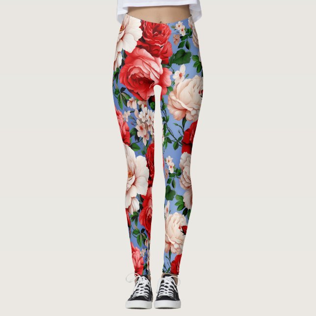 Leggings Flores de rosa roja retro grande (Anverso)