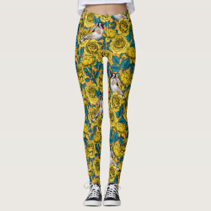 Leggings flores de Rosa y pájaros dorados