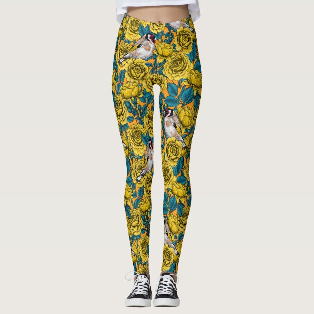 Leggings flores de Rosa y pájaros dorados (Anverso)