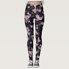 Leggings Flores de Sakura rosada negra, diseño de patrones,