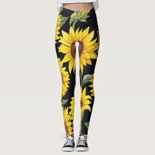 Leggings Flores de sol, mariposas, acuarela de fondo negro