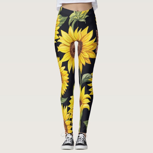 Leggings Flores de sol, mariposas, acuarela de fondo negro (Anverso)