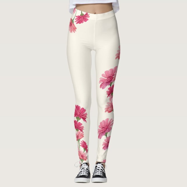 Leggings Flores de Zinnia pintadas con acuarela rosa (Anverso)