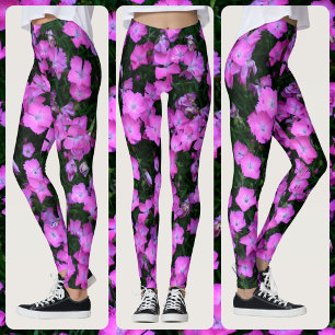 Leggings Flores Dianthus Brillantes Rosadas y Floral Verde