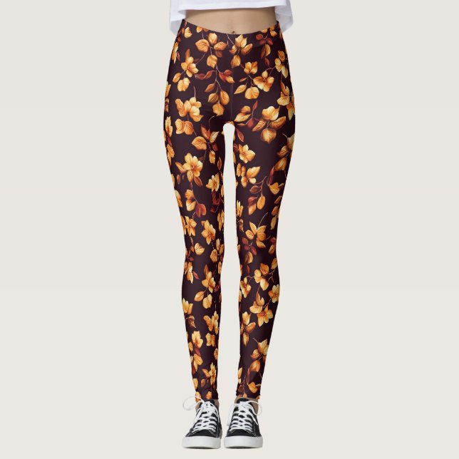 Leggings Flores Doradas Patrón de Otoño (Anverso)