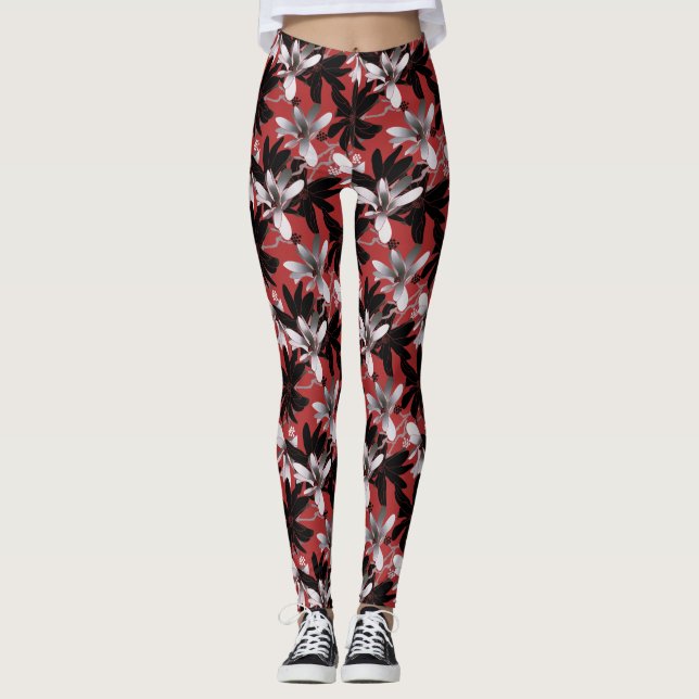 Leggings Flores elegantes de plata blanca negra borgoñona (Anverso)
