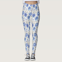 Leggings Flores estilizadas Patrón botánico azul y gris