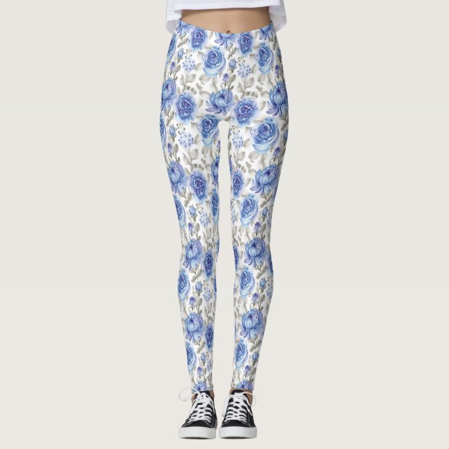 Leggings Flores estilizadas Patrón botánico azul y gris (Anverso)