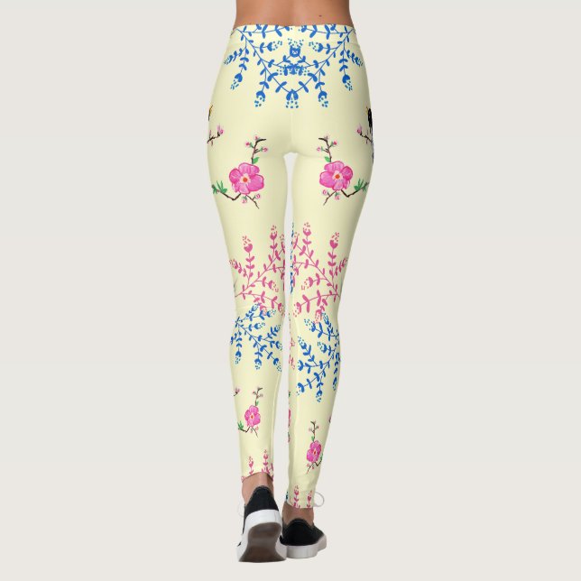Leggings Flores florales de crema de moda Aves naturales (Reverso)