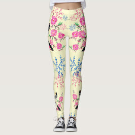 Leggings Flores florales de crema de moda Aves naturales